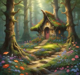 Obraz premium Illustration of goblin house in green forest.