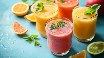 Vibrant Display of Fresh Fruits and Colorful Beverages Creating a Refreshing Summer Atmosphere