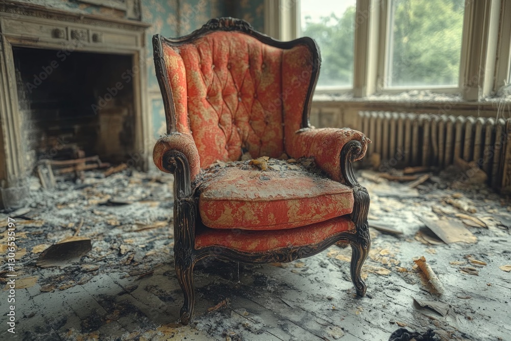 Poster a worn-out chair placed in a cozy room with a fireplace in the background, ideal for a warm and invi