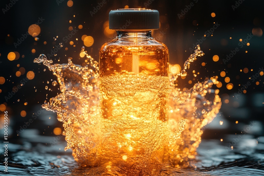 Poster liquid pouring out of a bottle with water splashing everywhere, perfect for illustrating refreshing 