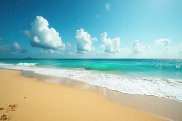 Fototapeta premium Sun-drenched beach, turquoise waves crashing on golden sand , bright, horizon, background