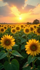 Obraz premium Sunflowers stretching towards the sun, massive field , harvest, summer