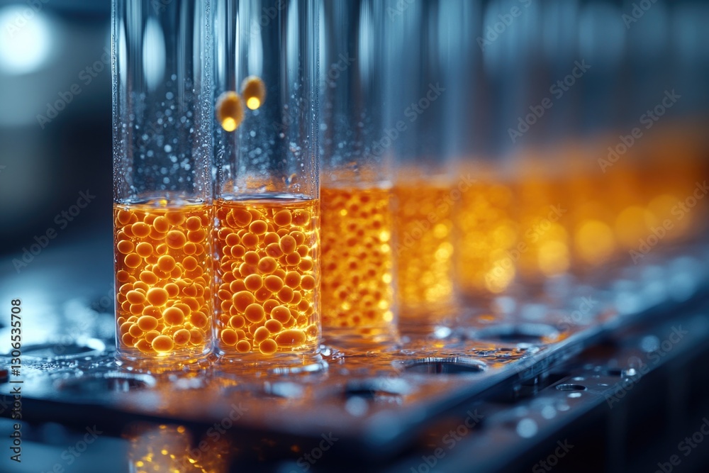 Poster Row of test tubes filled with various liquids in a chemical laboratory setting