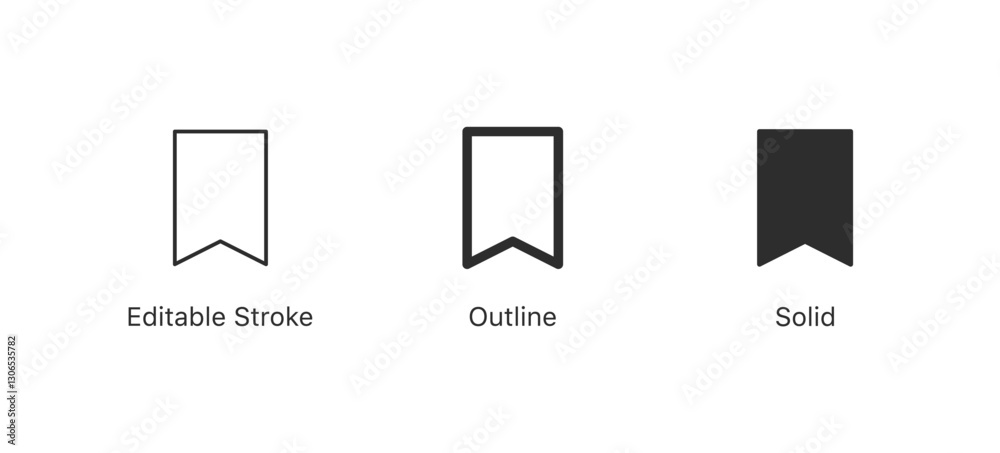 Poster save icon bookmark symbol in three styles: editable stroke, outline and solid