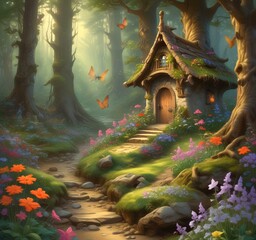 Fototapeta premium Illustration of goblin house in green forest.