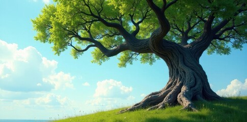 Tree's gnarled branches stretch towards the sky, growth, branch