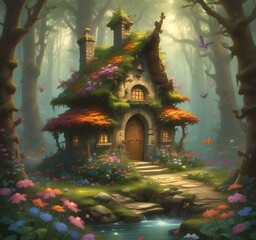Fototapeta premium Illustration of goblin house in green forest.