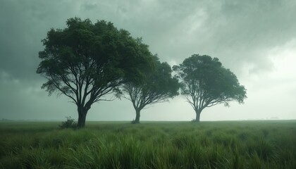 Fototapeta premium Three trees stand field with green grass under moody sky. Overcast weather suggests storm. Wind blowing bending trees. Atmospheric scenery background for eco themes, natural disaster, climate change