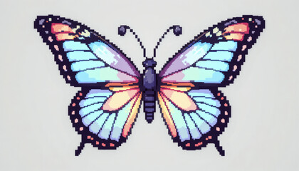 Quirky 8-bit pixel butterfly with angular wings in pastel shades, isolated on a white background for a playful retro natural vibe