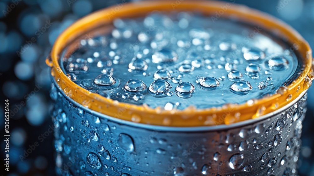 Poster A can of soda with water droplets on the surface, ideal for use in food and drink related concepts