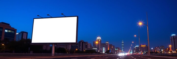 Empty white billboard in urban metropolis at night with blue sky background, night, city