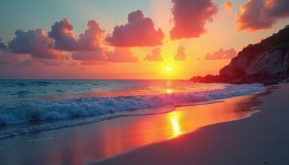 Burning orange sun dips below horizon, tranquil beach scene , color, peaceful, calm