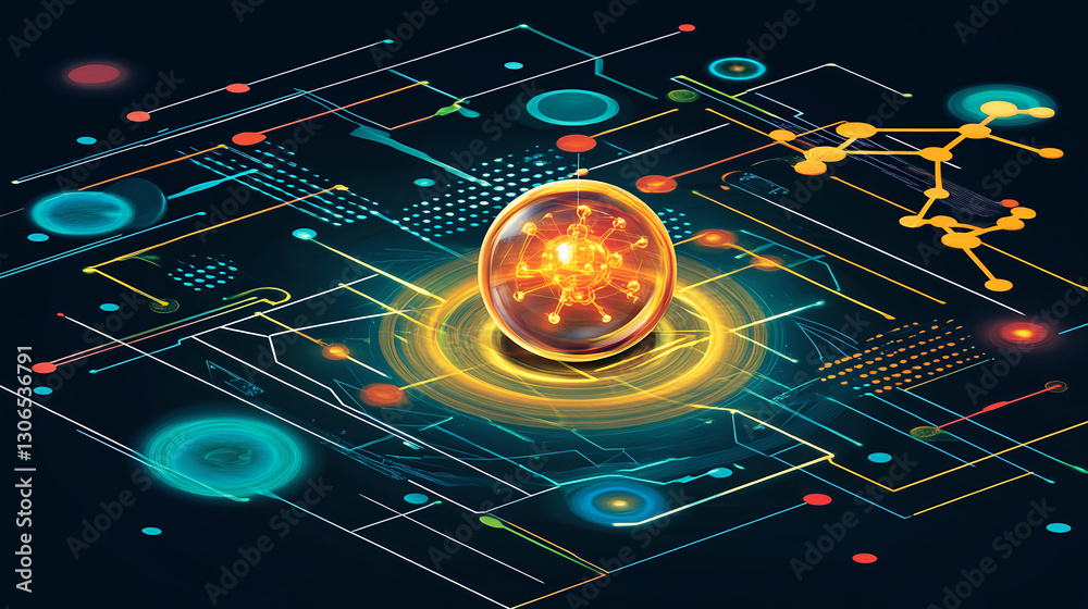 Poster exploring quantum computing concepts digital space infographic design futuristic environment close-u
