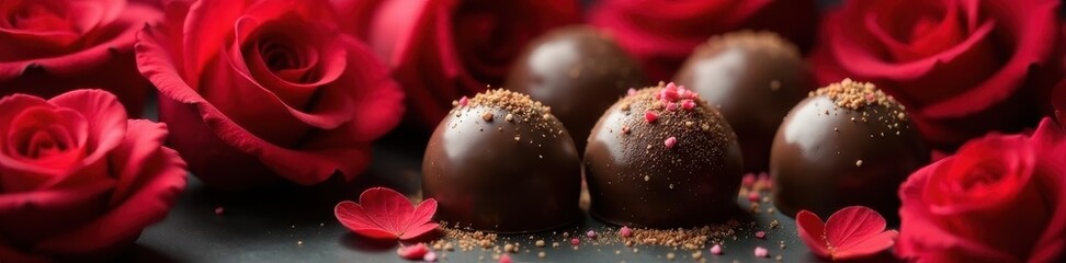 Obraz premium Dark chocolate truffles nestled amongst velvety red roses , sophisticated, sensual