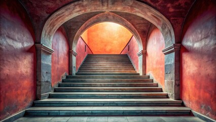 Ancient Stone Staircase Ascending to a Luminous Orange Archway in a Mysterious Red-Walled Corridor