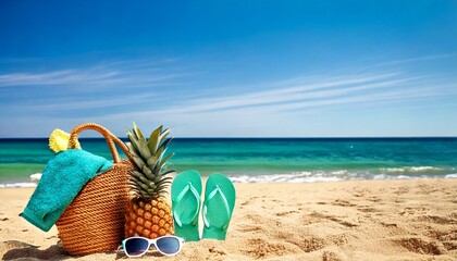 A wicker beach bag holds a teal towel. Beside it sits a pineapple, sunglasses, and turquoise flip-flops on a sandy beach, ocean backdrop.