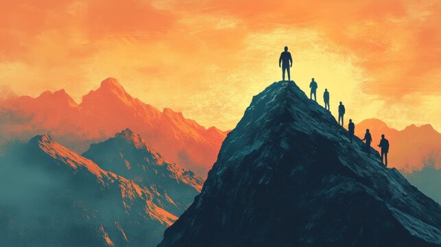 A person standing on top of a mountain, looking ahead while others follow Symbolizing vision, guidance, and leadership. - Powered by Adobe