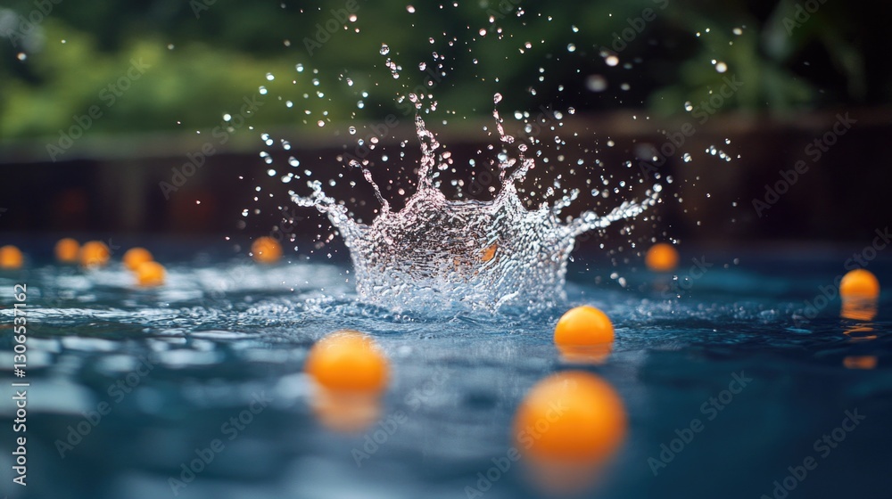 Poster Fresh oranges floating in a pool with a splash of water