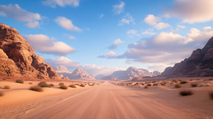 Naklejka premium scenic desert highway view showcases vast landscape with sandy terrain, rocky formations, and beautiful sky filled with clouds. serene atmosphere invites exploration and adventure