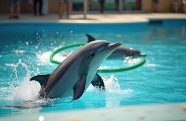 Fototapeta premium Two dolphins perform in pool show with hoop. Marine mammals swim, play and leap out water. Trained aquatic animals perform tricks. Intelligent mammals show at Pattaya Dolphinarium, Thailand.
