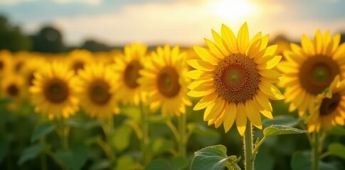 Fototapeta premium A field of sunflowers basks in the afternoon sun, their heads bowed in unison , light, bloom