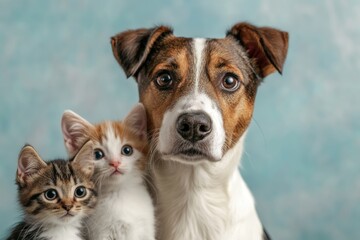 Dog and kittens close-up portrait.