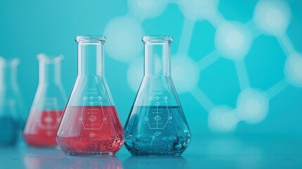 Colorful laboratory glassware with red and blue liquids on a blurred scientific background