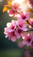 Pink blossoms in full bloom, sunlight dappling through leaves, japanese cherry, garden, sakura
