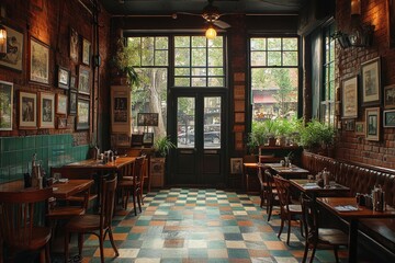Fototapeta premium Cozy restaurant scene with checkered floor and many tables, ideal for use in hospitality and food industry projects