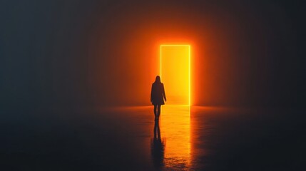 A person walking through a doorway from darkness into light Representing adaptation to a better situation.
