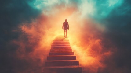 A person walking up a glowing staircase leading to the sky Symbolizing continuous advancement and success.