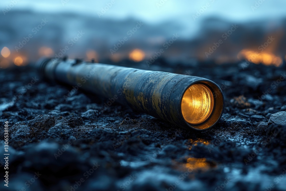 Leinwandbilder a close-up shot of a pipe partially buried in soil, suitable for use in illustrations about infrastr