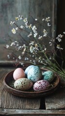 Obraz premium Rustic speckled eggs in wooden bowl with flowers