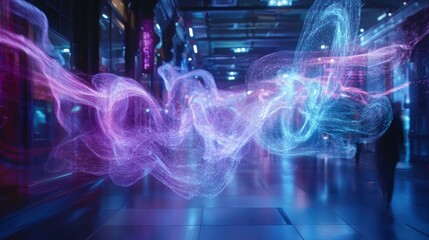 Neon energy flows through futuristic corridor with blurred figures