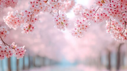 Naklejka premium Delicate Cherry Blossom Trees in Full Bloom on a Soft Spring Day with Blurred Background