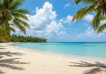Obraz premium Virginia beach beautiful tropical beach with palm trees, coconut palms, and clear blue water under a sunny sky