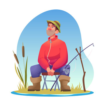 Cartoon funny attentive fisherman character sitting and catching fish