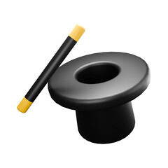 3D icon render magician hat with wand on white background 