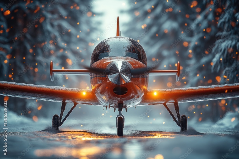 Poster a small propeller plane sits on a snow-covered runway, ready for takeoff
