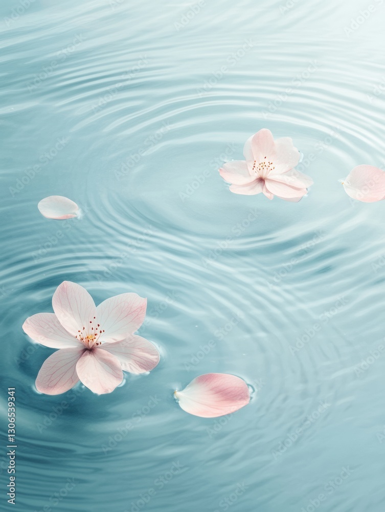 Aufkleber serene pastel background with delicate flower petals floating on calm water in gentle ripples during