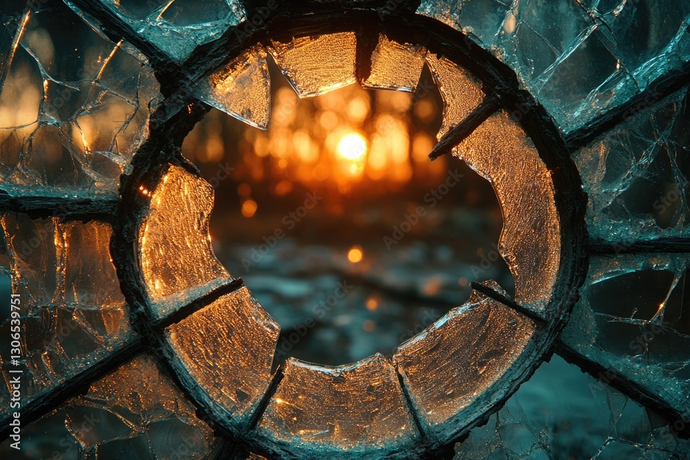 Poster a sunset view through a broken glass window with debris and shattered fragments