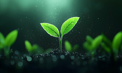 Fresh Green Seedling Emerging Through Dark Soil in Rainy Atmosphere