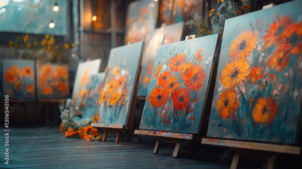 Poster collection of framed artworks displayed on a table, with ornate frames and varying artistic styles