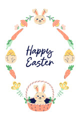 Happy Easter oval Frame With Bunnies, chickens and eggs. Happy Easter hand drawn card. Flat illustration with partial outline. Isolated vector illustration.