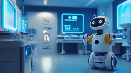 Friendly Cartoon Robot in a High-Tech Laboratory with Glowing Screens and Modern Equipment