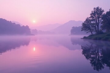 Fototapeta premium Soft lavender mist rises from a serene lake at dawn, gentle hues, nature
