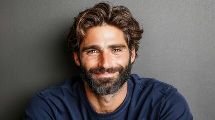 Fototapeta premium A radiant and ultra-detailed studio image of a man in a navy blue shirt, captured in a moment of laughter, his expression full of life and confidence against a neutral grey backdrop