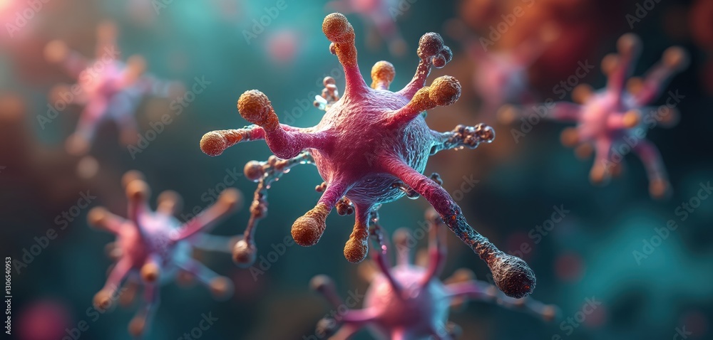 Poster Close-up visualization of virus particle, microbiology concept. Microscopic view of bacterium with tentacles. Scientific image of pathogen cell, virology research, disease prevention, medical