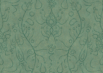 Hand-drawn unique abstract seamless ornament. Dark green on light cold green background, with splatters of golden glitter. Paper texture. Digital artwork, A4. (pattern: p13-1a)