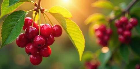 Sun-drenched clusters of ripe, red cherries; vibrant, juicy harvest , sunlight, antioxidant